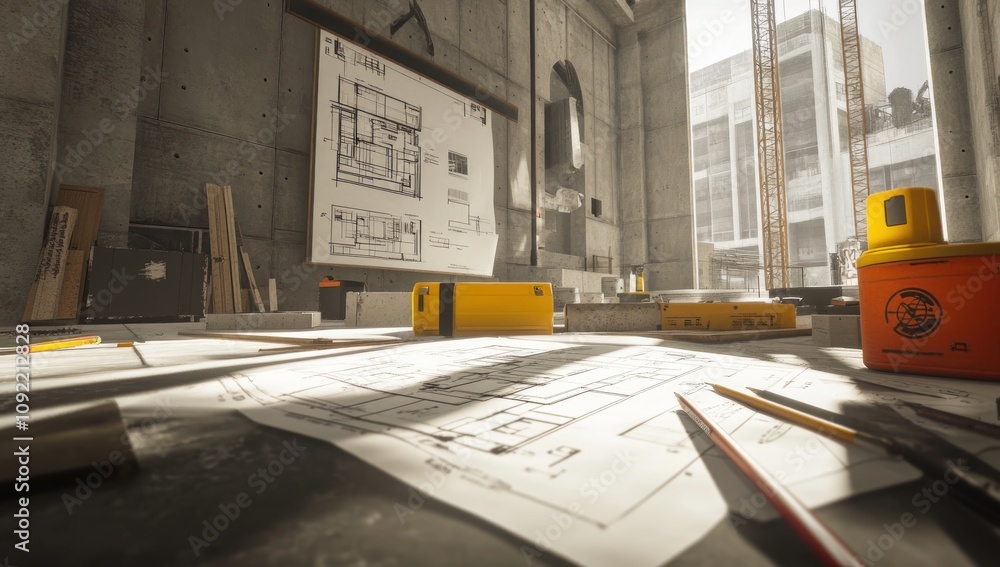 Poster A construction workspace with blueprints, tools, and materials for building design.