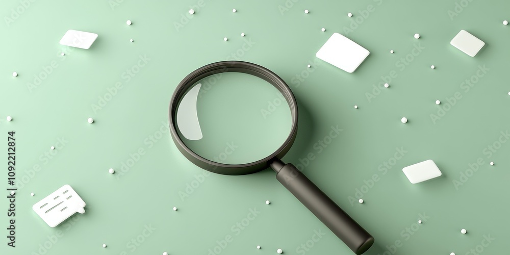 Poster A magnifying glass on a mint green surface surrounded by small white objects.
