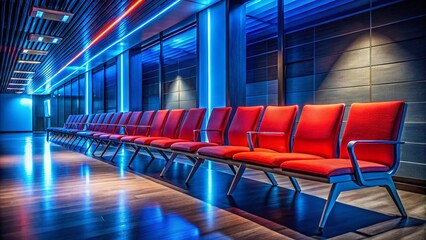 Fototapeta premium Night Waiting Room Chairs Red Blue Row Photography AI Art