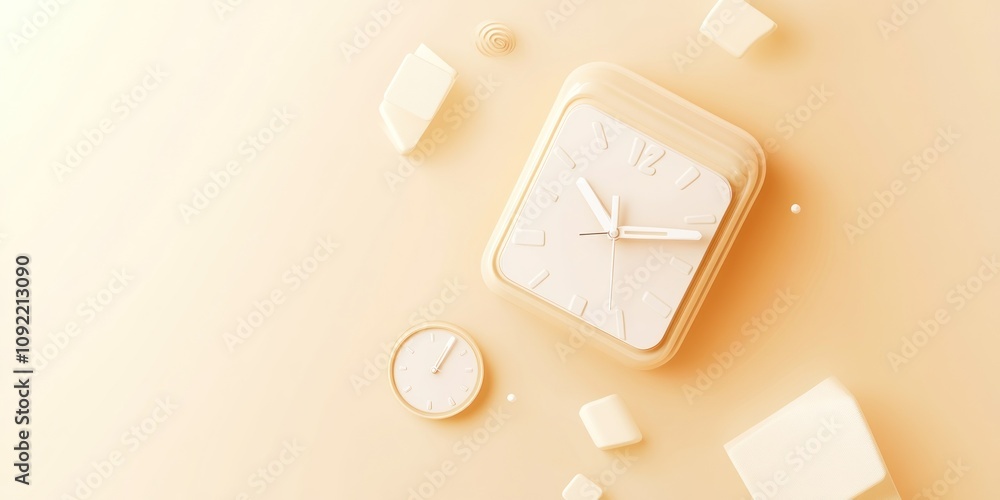 Poster A minimalist composition featuring clocks and geometric shapes on a soft, warm background.