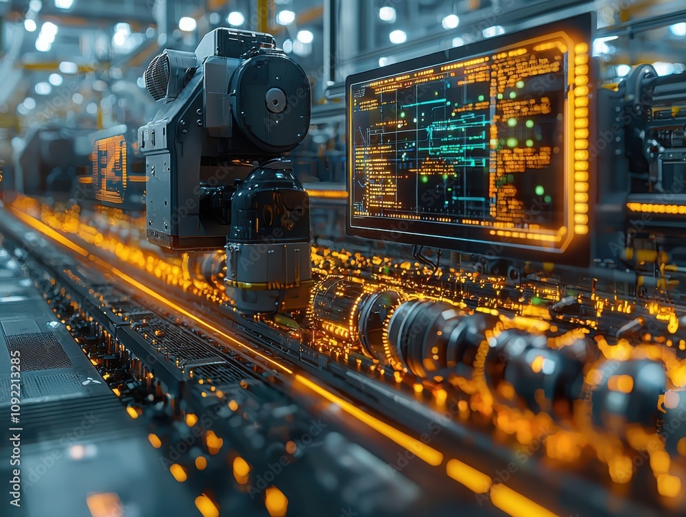 Poster visualizing smart factory operations digital environment interactive content modern industry data fl