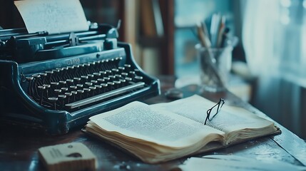 Vintage Typewriter, Open Book, and Glasses on a Wooden Desk