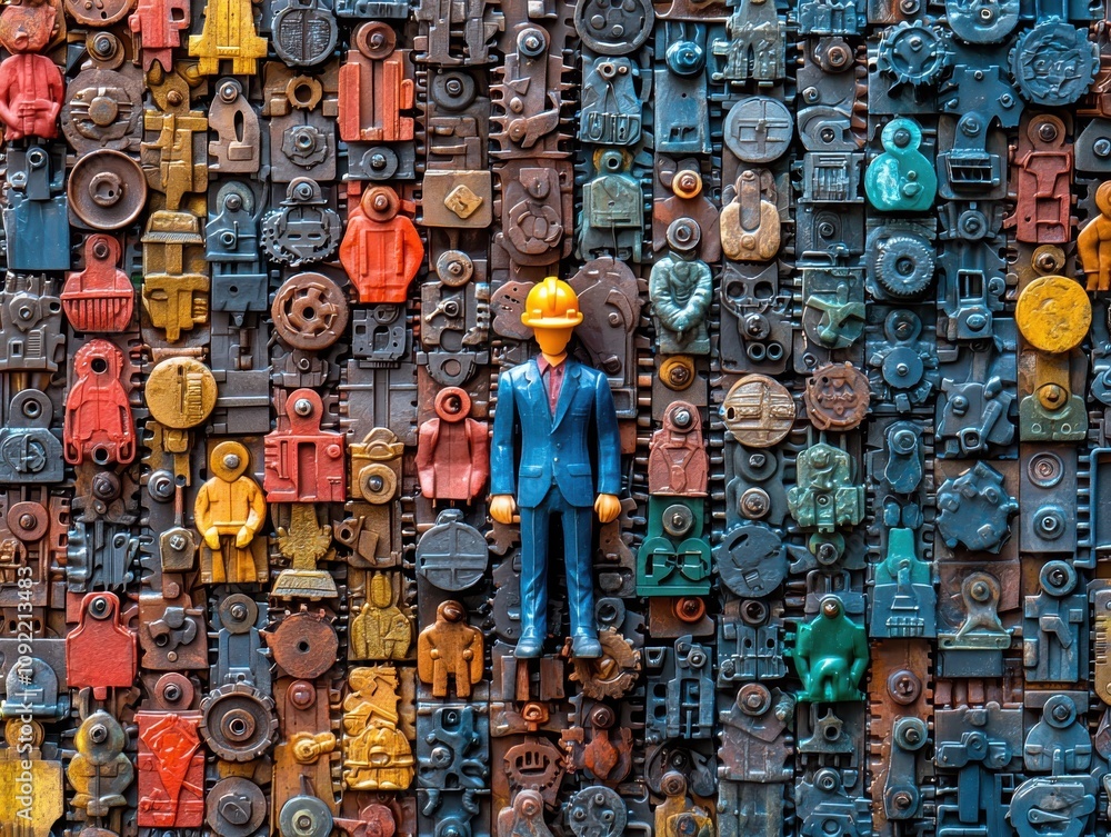 Poster surreal depiction of a diverse workforce collaborating in a creative workspace blending reality with