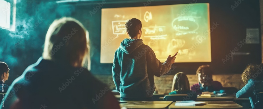 Poster a student presents in a classroom, engaging with peers using visual aids on a screen.