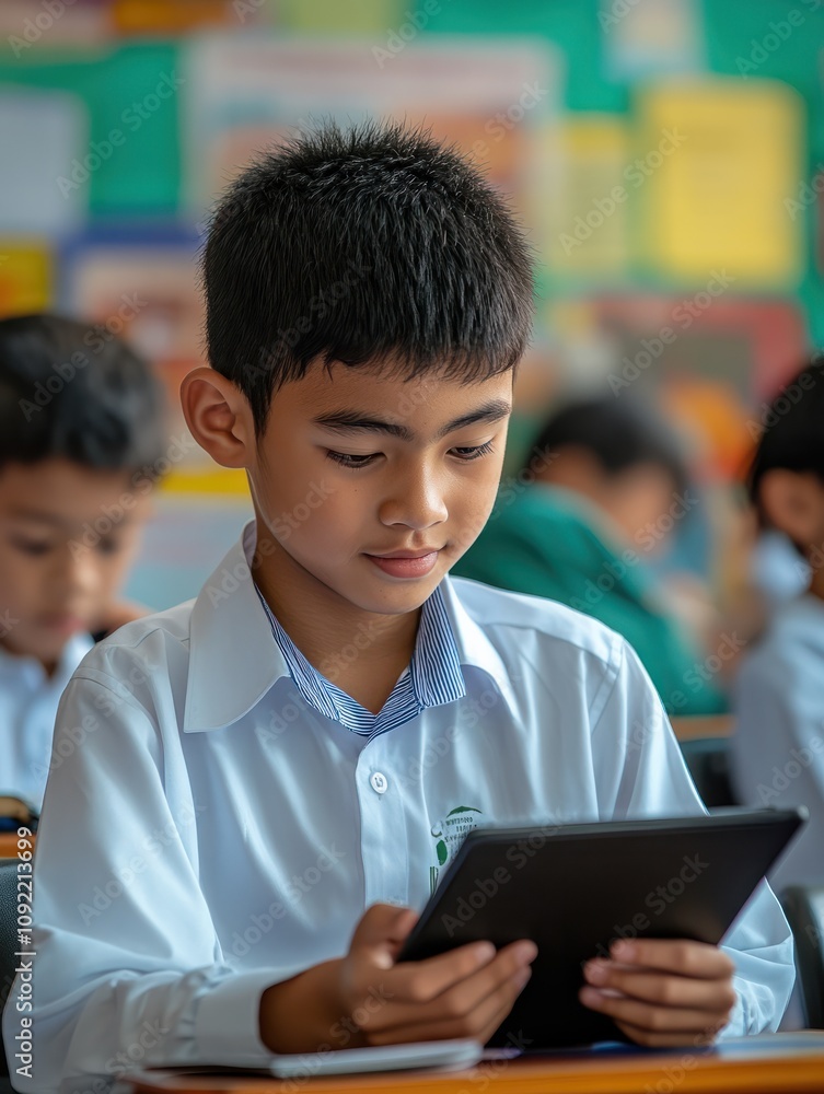 Poster focused asian school boy using digital tablet at class in classroom. attentive junior school student