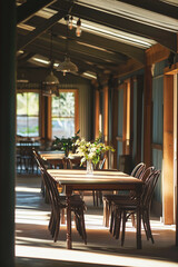 Fototapeta premium Rustic dining space with wooden tables, fresh flowers, and a relaxed atmosphere