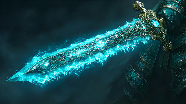 Ethereal Blue Glowing Sword Fantasy Art with Intricate Details and Magical Effects