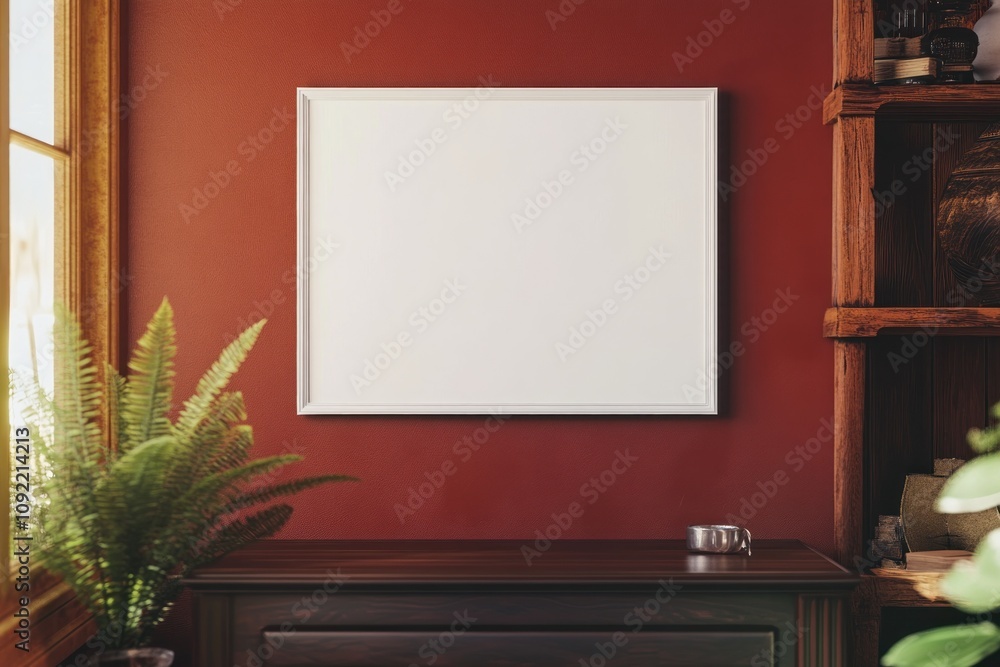 Aufkleber a blank frame on a wall with a plant and wooden shelf, creating a cozy atmosphere.
