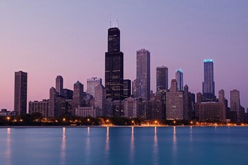 Obraz premium Chicago Skyline at Twilight with Illuminated Skyscrapers on Soft Pastel Background