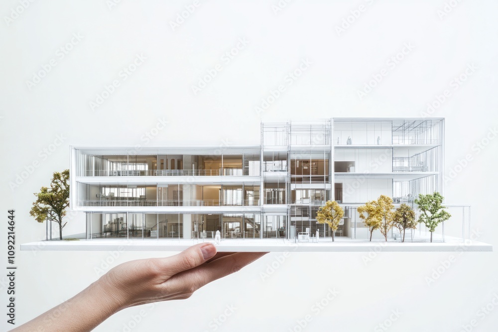 Poster a hand holds a detailed architectural model of a modern building with greenery.
