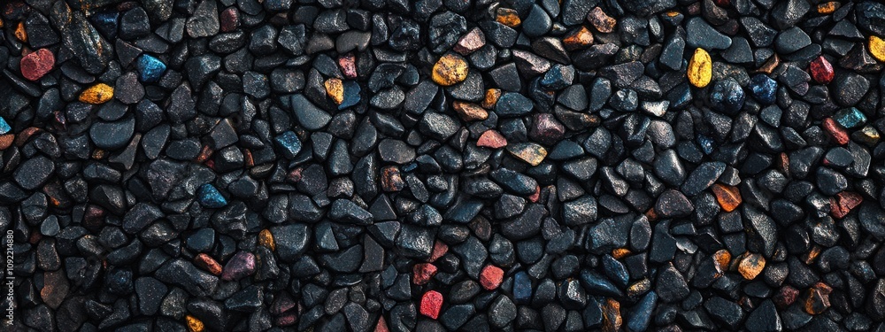 Poster a close-up view of dark pebbles with colorful accents scattered throughout.