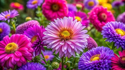 Fototapeta premium Vibrant Spring Garden Aerial Close-up: Purple Aster, Pink Bloom