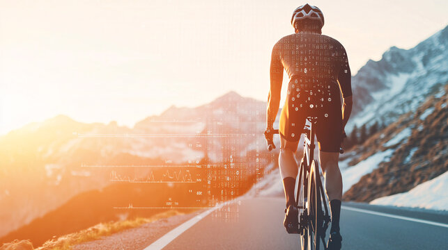 An outdoor scene of a cyclist on a mountain road, overlaid with medical data such as lung capacity and joint health metrics. The sun rises in the distance, symbolizing vitality and the connection