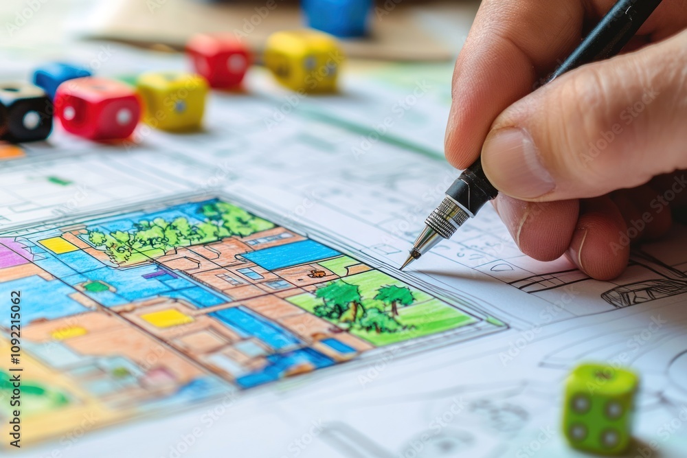 Poster A hand drawing a colorful map with dice and game pieces nearby.