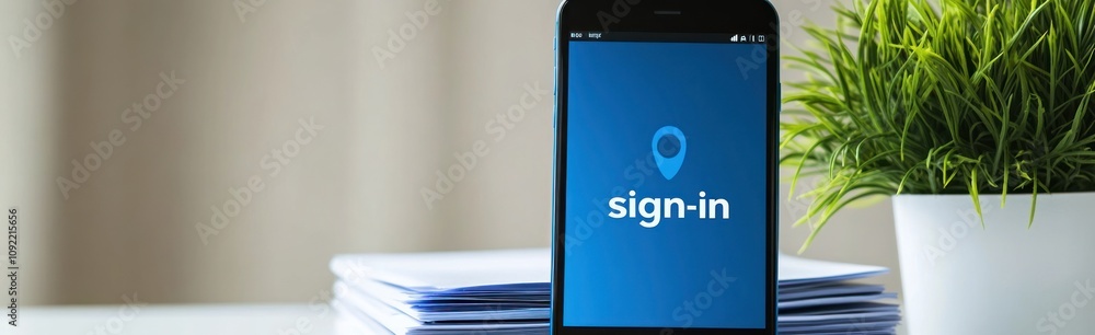 Poster a smartphone displaying a sign-in screen alongside a plant and stacked papers.