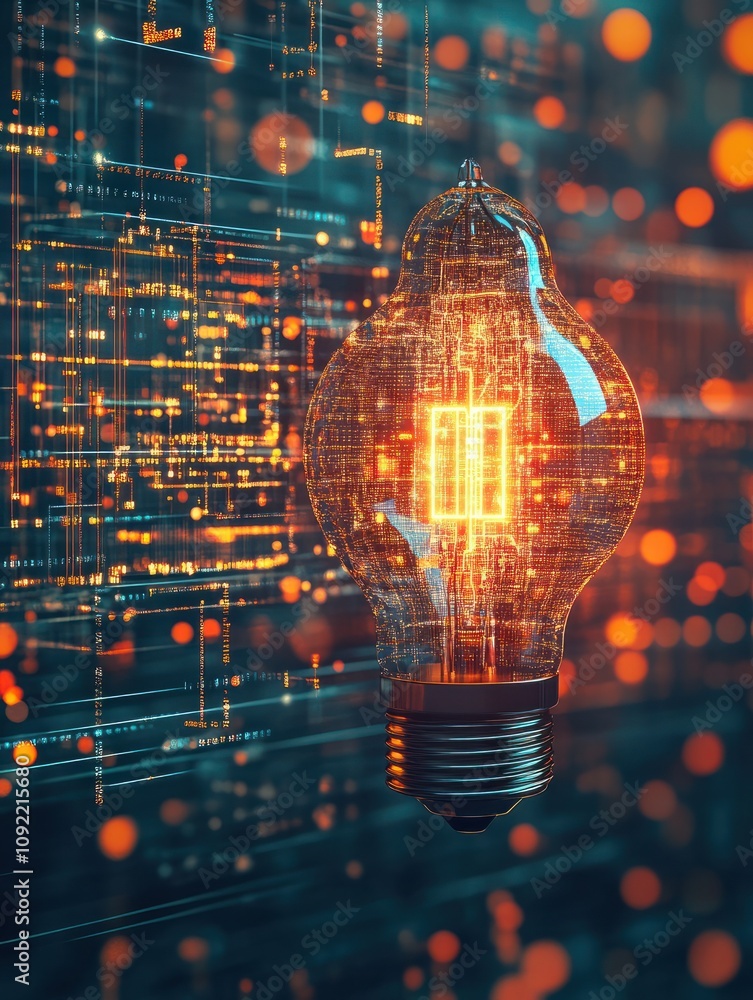 Poster glowing circuit lamp on digital grid background. idea and innovation concept. 3d rendering.