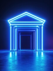 Fototapeta premium Glowing blue digital bank icon on blue background with mock up place. Online banking and transaction concept. 3D Rendering