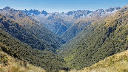 Fototapeta premium Breathtaking mountain valley view in sunlight.