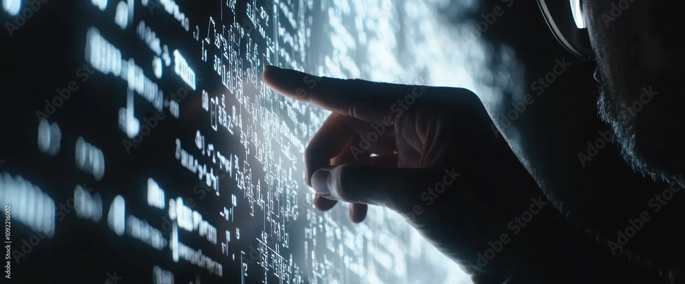 Poster A close-up of a hand pointing at a digital interface filled with code.