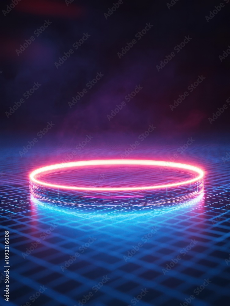 Poster glowing round digital blue interface on dark grid background with mock up place. hud, innovation, di
