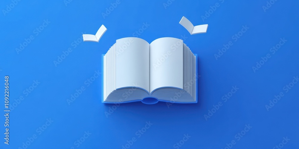 Poster an open book with pages flipping, set against a blue background, symbolizing knowledge.