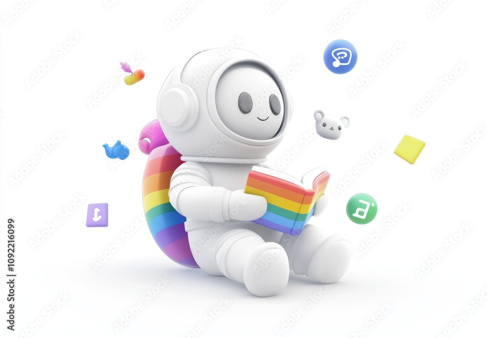 Poster a cute astronaut character reading a book surrounded by colorful icons.
