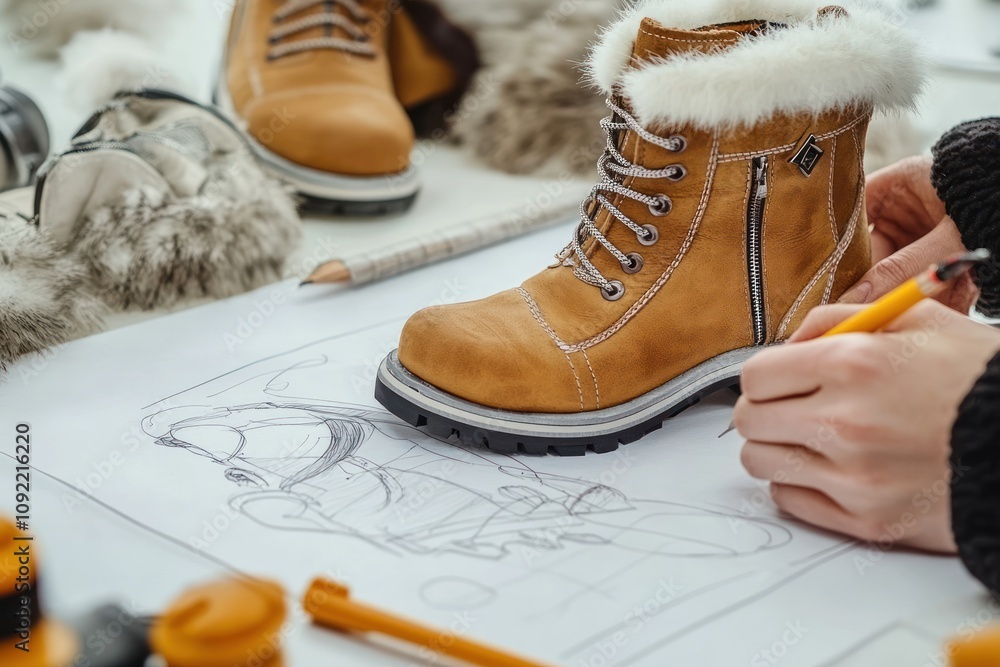 Poster A designer sketches a boot while it rests on a drawing pad surrounded by materials.