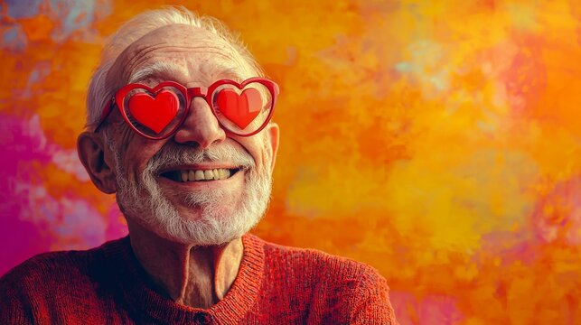 A jubilant elderly man smiles broadly with heart-shaped glasses, surrounded by a colorful background, symbolizing a carefree spirit and joyous love for life.