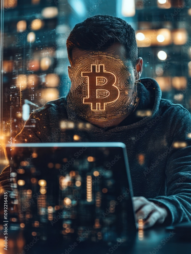 Poster hacker using laptop with creative glowing global bitcoin hologram on blurry office interior backgrou