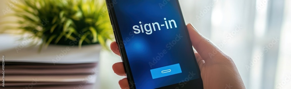 Poster a hand holding a smartphone displaying a sign-in screen.