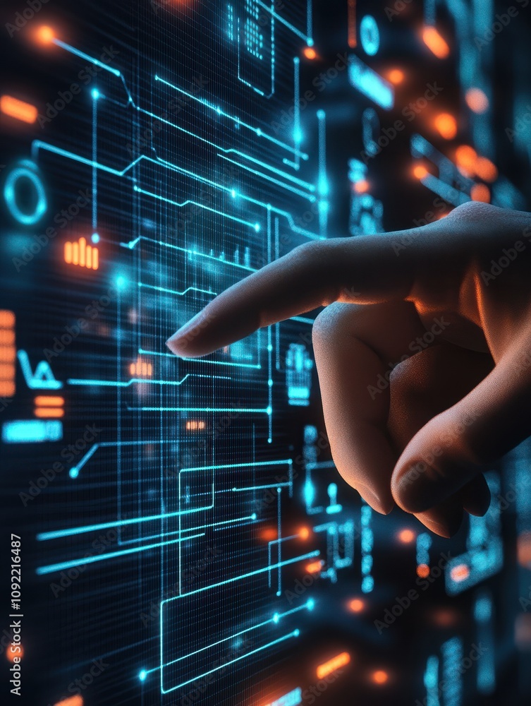 Poster hand pointing at abstract business interface. media and analytics concept. 3d rendering.