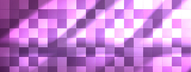Modern swimming pool mosaic pattern with gradient purple squares of various shades with light and shadow effect. Luxurious ceramic tiles surface reflects sunbeams. Bathroom or kitchen wall texture.