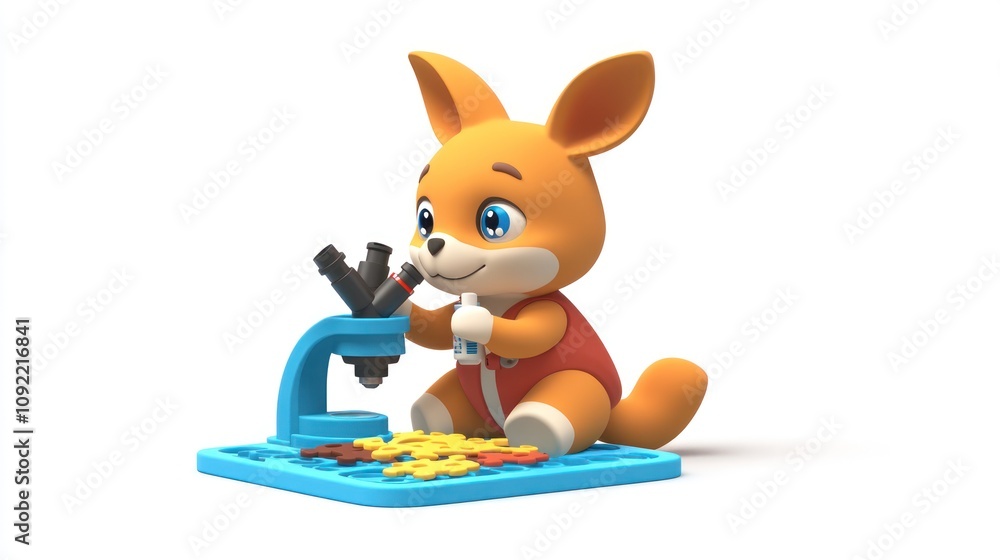Poster A cartoon fox character using a microscope on a colorful building block base.