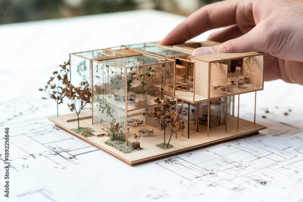 Poster a hand adjusts a detailed architectural model surrounded by design blueprints.