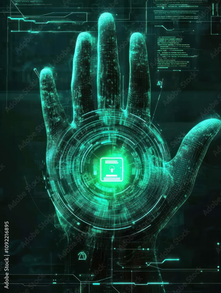 Poster hand using glowing digital communication and security interface on screen. global business and commu