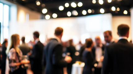 Professional Event Space Blur: A soft-focus image of a large corporate event space with attendees. 