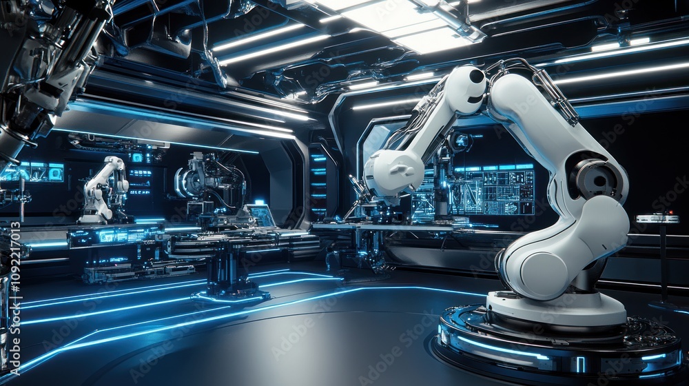 Poster futuristic robotic laboratory advanced technology workspace
