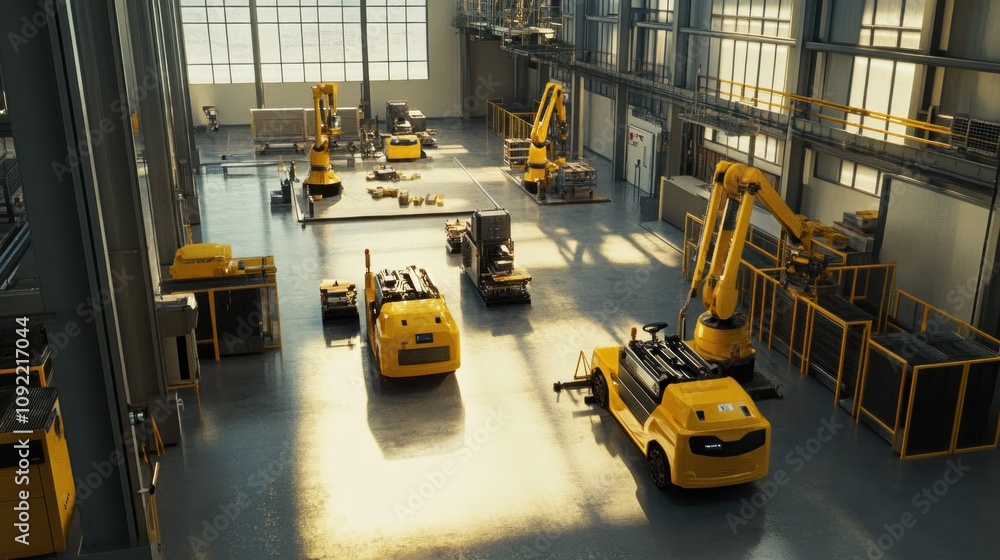 Poster automated factory robots transporting goods inside warehouse