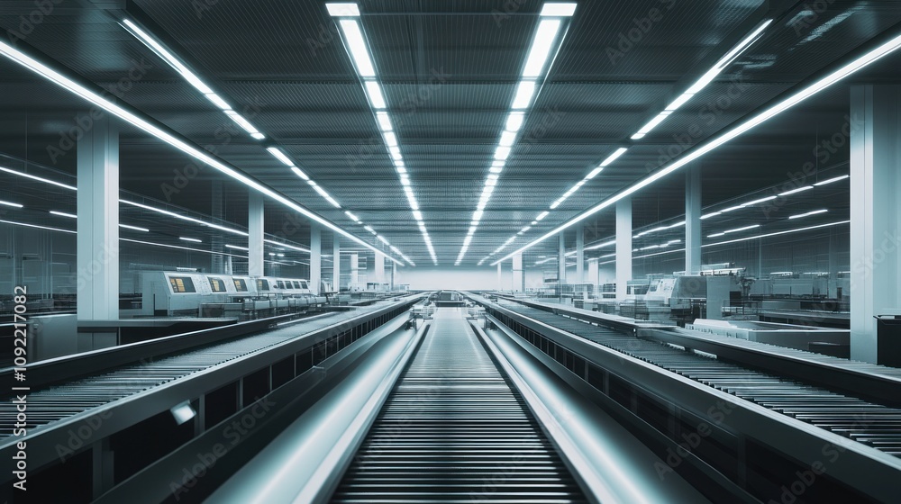 Poster modern automated factory conveyor system interior
