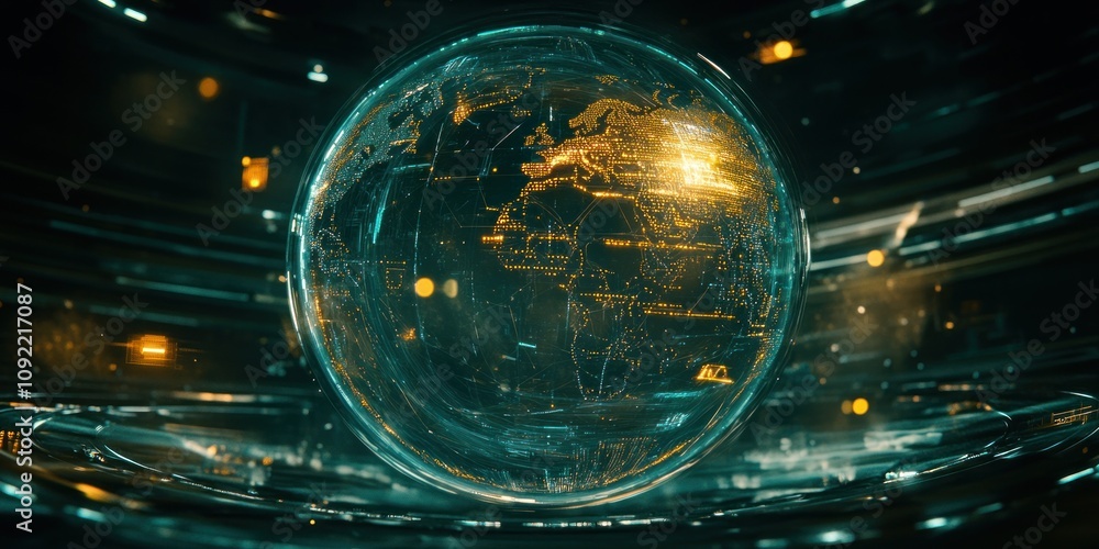 Aufkleber A futuristic globe display showcasing a digital map of the Earth with glowing elements.