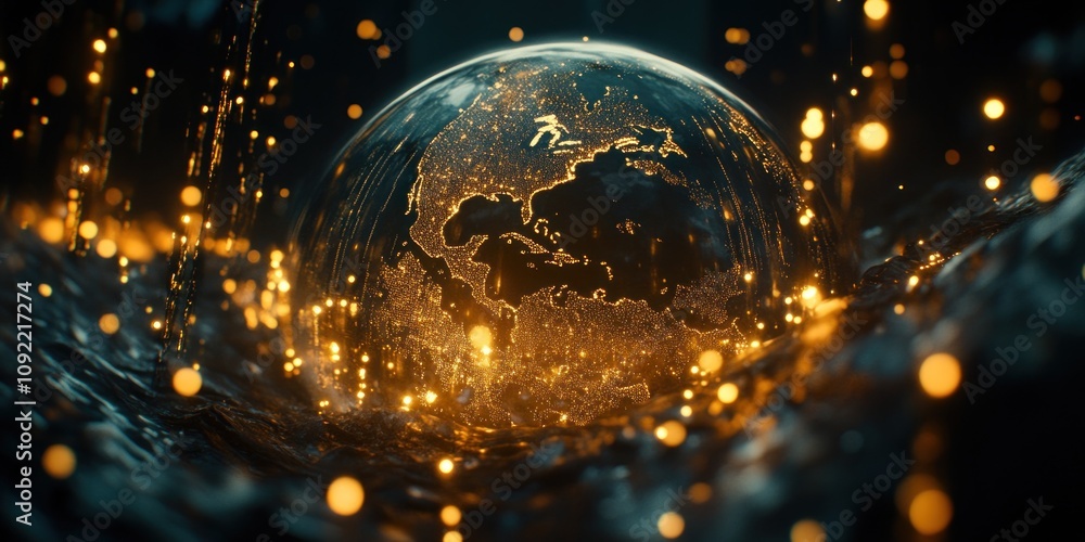 Poster a glowing globe surrounded by shimmering particles, symbolizing global connectivity and technology.