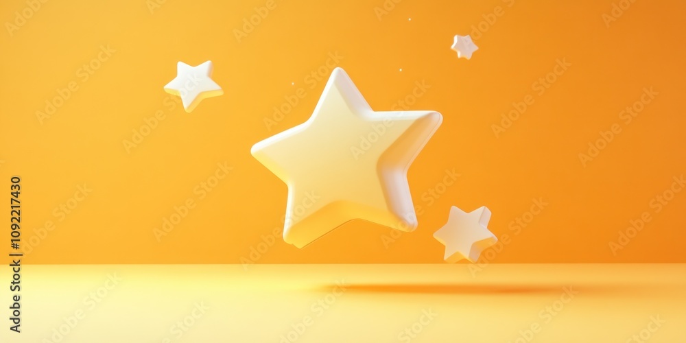 Poster three floating white stars against a bright orange background, creating a playful atmosphere.