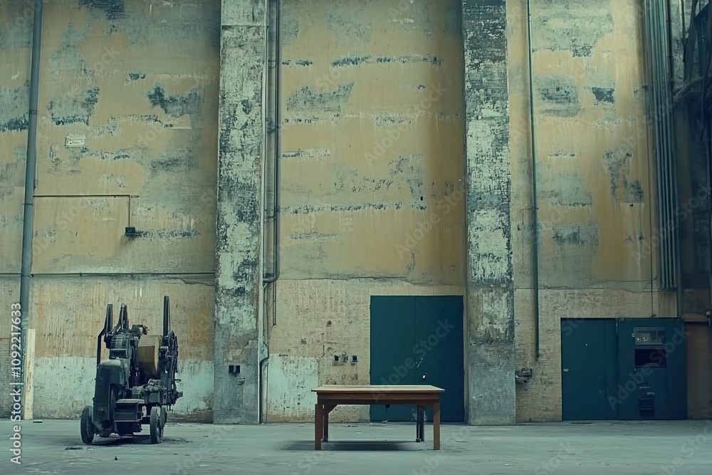 Poster a stark industrial space with a table and machinery, evoking a sense of emptiness.