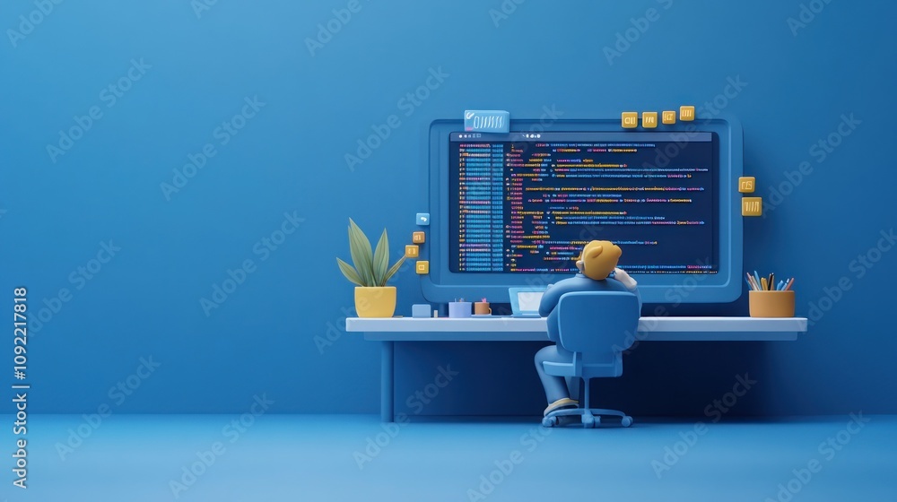 Aufkleber A person coding at a desk with a large screen displaying programming code.