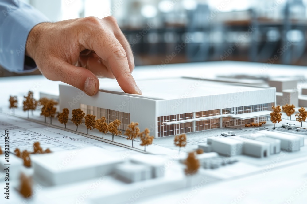 Aufkleber a hand adjusts a model of a modern building, showcasing architectural design and planning.