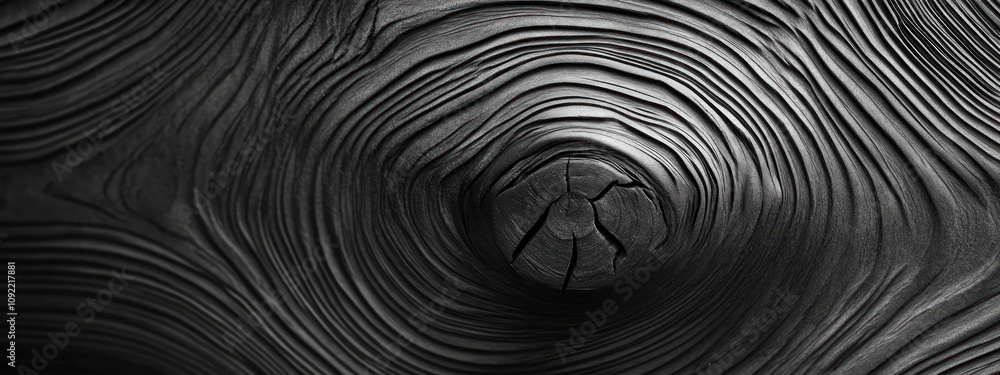 Poster Abstract close-up of textured black wood with circular patterns and a central knot.