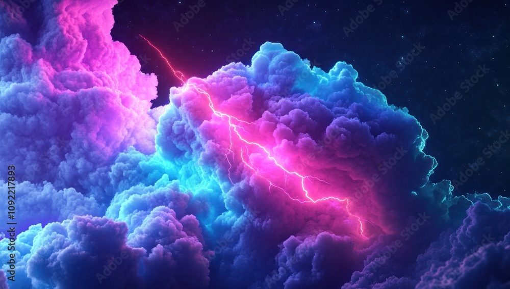 Poster a vibrant depiction of colorful clouds illuminated by lightning in a cosmic atmosphere.
