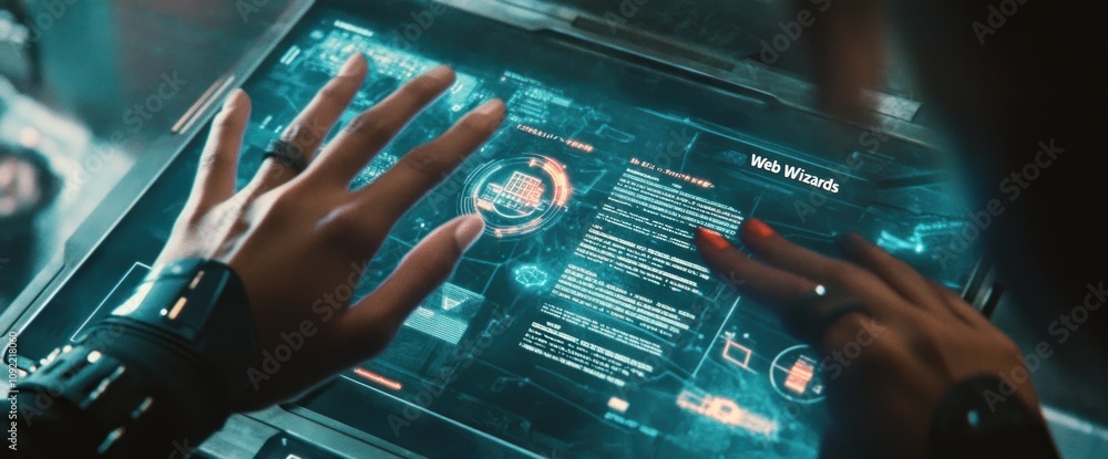 Aufkleber A futuristic interface with hands interacting on a digital screen displaying information.