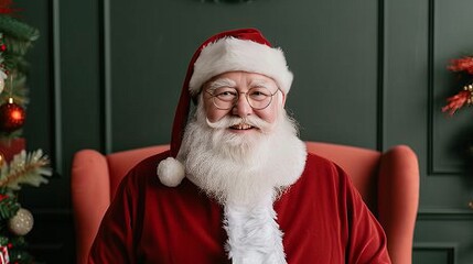 Jolly figure in Santa costume sitting in a festive setting.