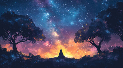 Fototapeta premium Meditative Silhouette Under a Starry Sky